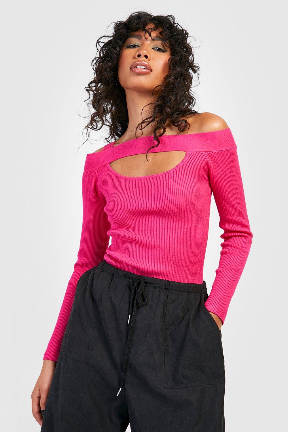 Hot pink off on sale the shoulder sweater